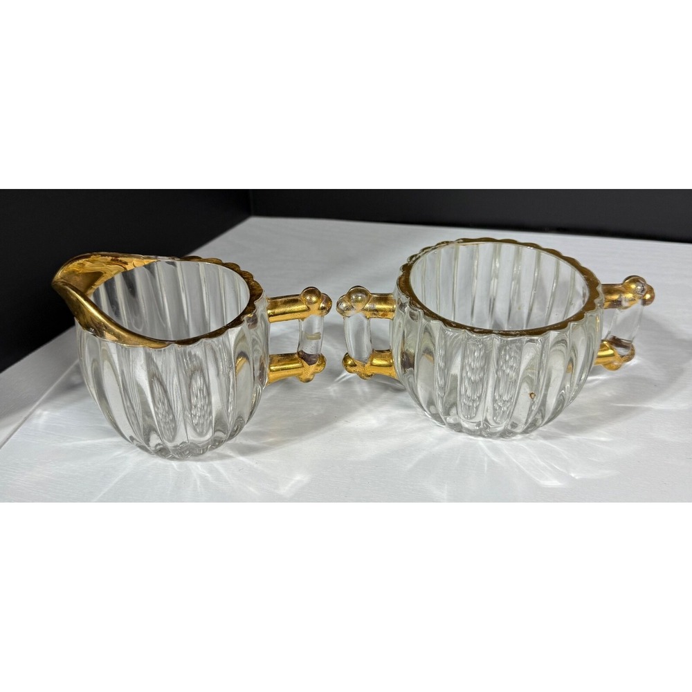 Vintage Jeanette Glass National Creamer and Sugar Embellished Gold (2) Piece Set